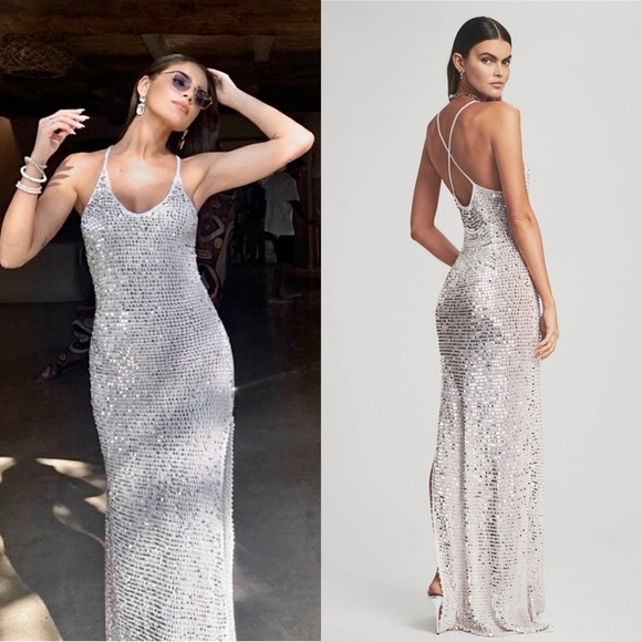 NWT RETROFETE Sequined Crochet Plunge V-Neck Cross Back Sleeveless Maxi Dress XS - Picture 3 of 16